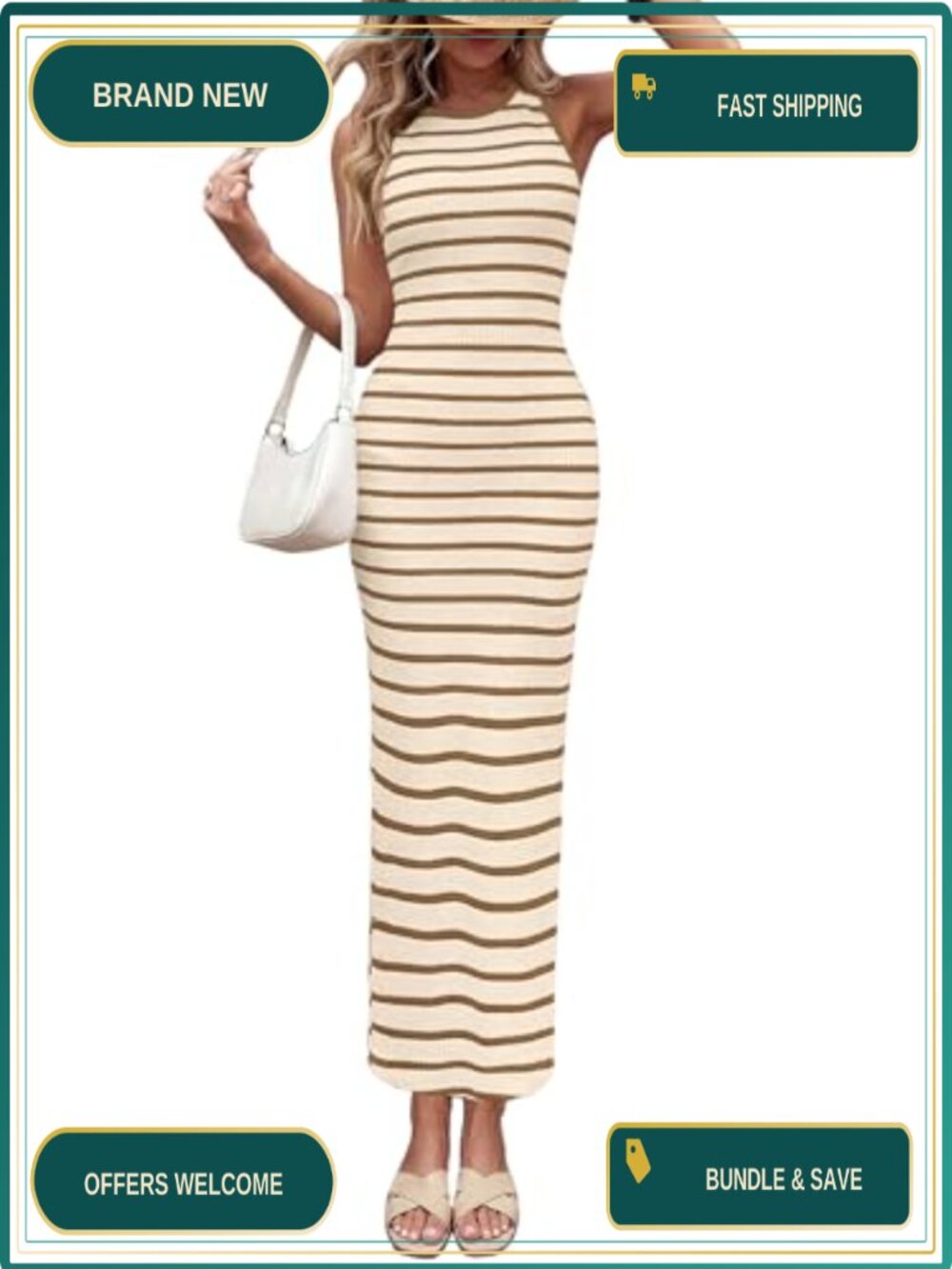 Striped Bodycon Maxi Dress Sleeveless Crew Neck Side Slit